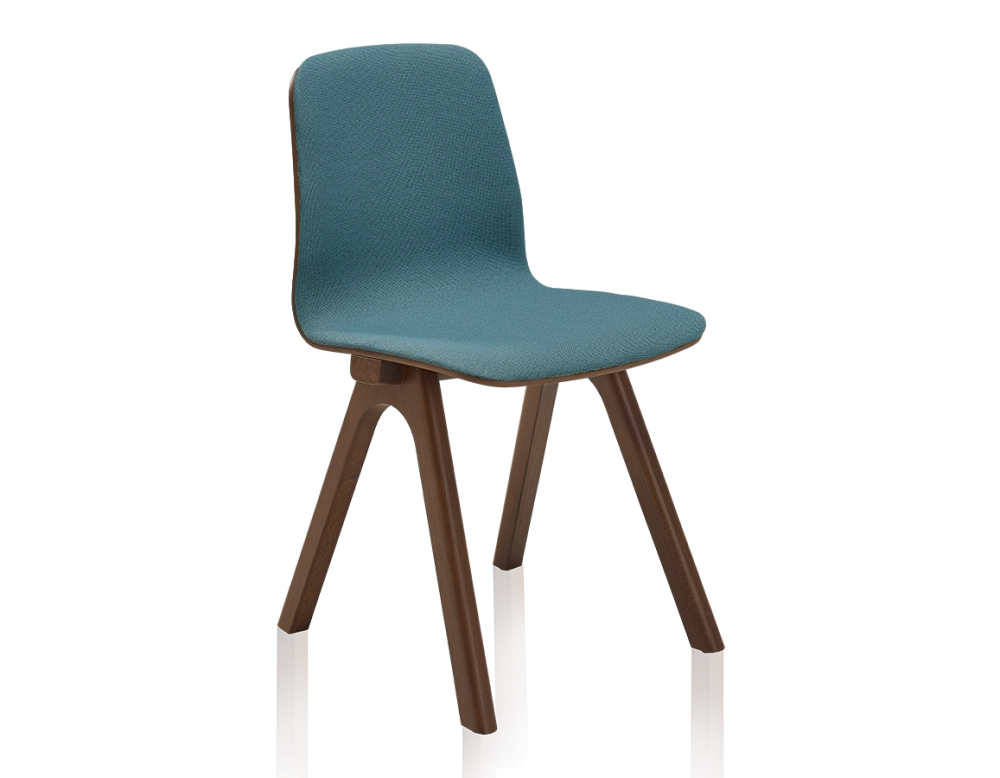 Chaise design en chêne tapissé bois teinte marron foncé assise tissu bleu océan Chaise design en chêne tapissé bois teinte marron foncé assise tissu bleu océan