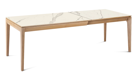 Table extensible en chêne et céramique 6 à 10 personnes allonges céramique avec bois teinte naturelle et plateau et allonges céramique effet marbre blanc 140x90 cm