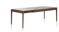 Table extensible en chêne et céramique 6 à 10 personnes allonges céramique avec bois teinte marron foncé et plateau et allonges céramique effet marbre blanc 140x90 cm Table extensible en chêne et céramique 6 à 10 personnes allonges céramique avec bois teinte marron foncé et plateau et allonges céramique effet marbre blanc 140x90 cm