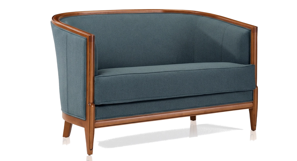 Canapé ancien 2 places accoudoirs moulurés bois teinte ancienne et tissu bleu océan