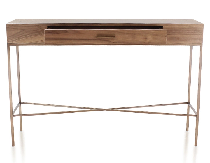 Console design noyer teinte naturelle et métal patine laiton 100 cm Console design noyer teinte naturelle et métal patine laiton 100 cm