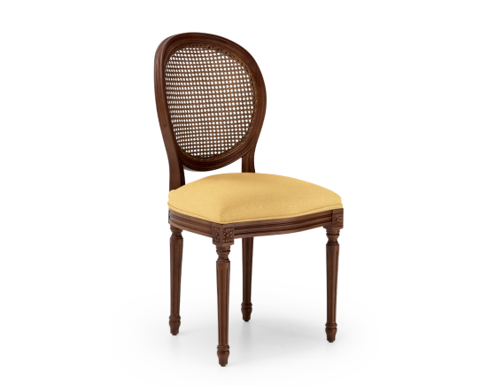 Chaise ancienne style Louis XVI bois teinte marron foncée dossier canné assise tissu jaune