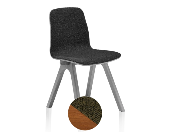 Chaise design en chêne tapissé bois teinte merisier assise tissu bouclé vert