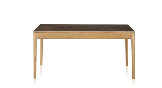 Table salle à manger 6 personnes en chêne et céramique avec bois teinte naturelle et plateau céramique brun oxydé 140x90 cm