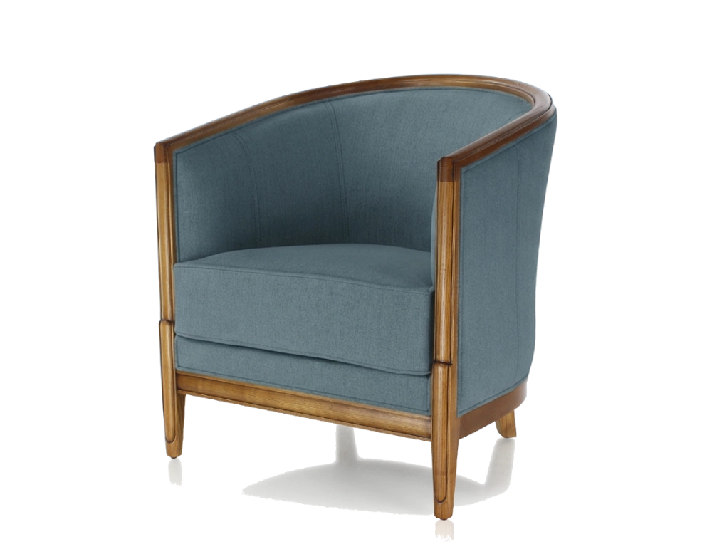 Fauteuil ancien accoudoirs moulurés bois teinte ancienne et tissu bleu océan