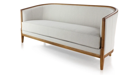 Canapé ancien 3 places bois teinte merisier et tissu beige naturel