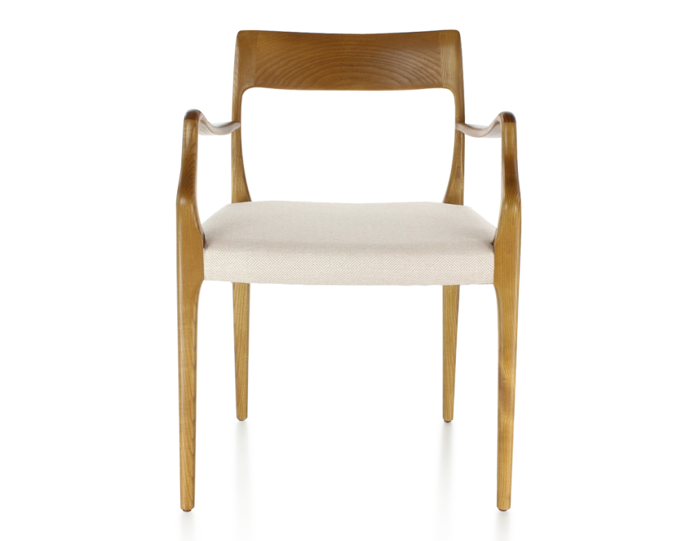 Scandinavian armchair with armrests cherry-stained wood, beige chevron fabric seat Scandinavian armchair with armrests cherry-stained wood, beige chevron fabric seat