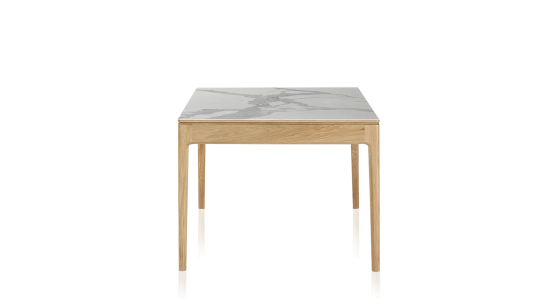8 person oak and ceramic dining table with natural stained wood and white marble effect ceramic top 180x100 cm