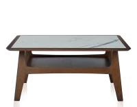 Table basse carrée en chêne et céramique avec bois teinte marron foncé plateau céramique effet marbre blanc 100x100 cm