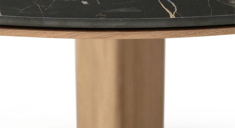 Table salle à manger ronde en chêne et céramique 6 personnes avec bois teinte naturelle et plateau céramique effet marbre noir m2 120x120 Table salle à manger ronde en chêne et céramique 6 personnes avec bois teinte naturelle et plateau céramique effet marbre noir m2 120x120