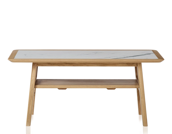 Table basse rectangulaire en chêne et céramique avec bois teinte naturelle plateau céramique effet marbre blanc 100x50 cm