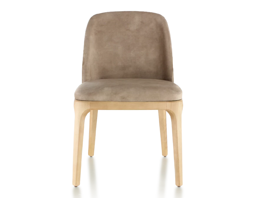 Chaise design bois teinte naturelle et tissu velours taupe clair
