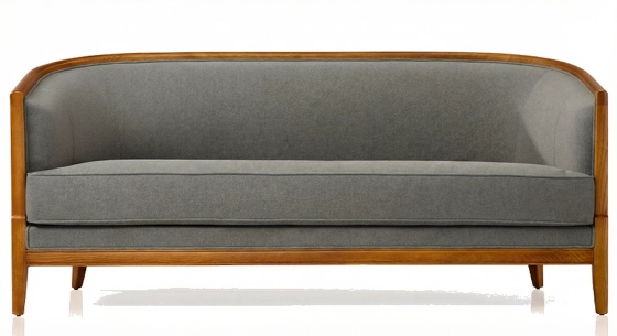 Canapé ancien 3 places bois teinte merisier et tissu gris clair