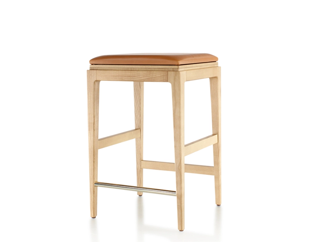 Taburete de bar de diseño H60 cm madera tinte natural asiento piel caramelo