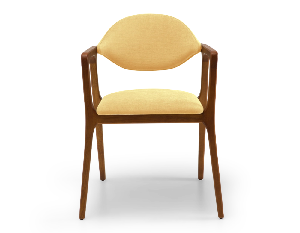 Chaise design avec accoudoirs bois teinte merisier et tissu jaune Chaise design avec accoudoirs bois teinte merisier et tissu jaune
