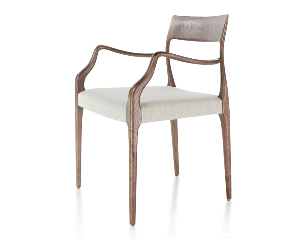 Chaise scandinave avec accoudoirs bois teinte marron foncé assise tissu beige naturel Chaise scandinave avec accoudoirs bois teinte marron foncé assise tissu beige naturel