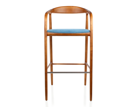Tabouret de bar h80 cm teinte merisier assise tissu bleu jean bois teinte merisier et tissu bleu jean