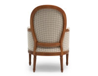 Louis XVI style bergère armchair wood antique stain and white and taupe houndstooth fabric Louis XVI style bergère armchair wood antique stain and white and taupe houndstooth fabric