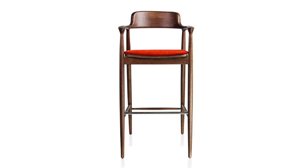 Tabouret de bar h80 cm bois teinte marron foncé assise tissu orange brulé