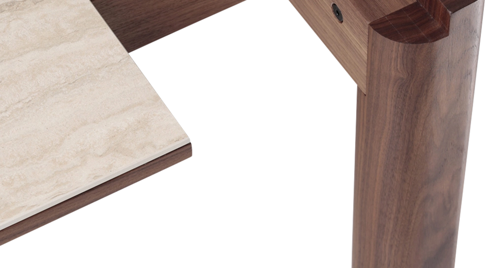 Extending table for 8 to 12 people in walnut and ceramic with ceramic extensions natural wood finish and ceramic travertine stone effect 160x100 cm Extending table for 8 to 12 people in walnut and ceramic with ceramic extensions natural wood finish and ceramic travertine stone effect 160x100 cm