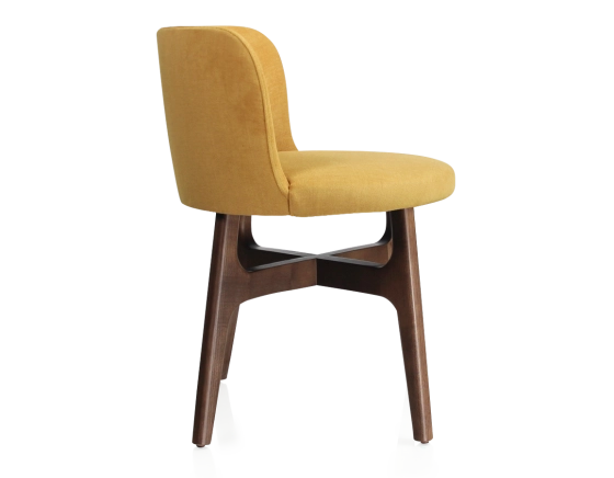 Designer chair dark brown stained wood yellow fabric seat
