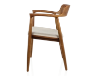 Chaise scandinave bois teinte merisier assise tissu chevron beige Chaise scandinave bois teinte merisier assise tissu chevron beige