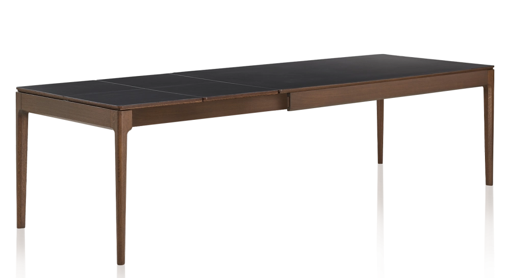 Table extensible 8 à 12 personnes en chêne et céramique allonges céramique avec bois teinte marron foncé et plateau et allonges céramique noire unie 160x100 cm