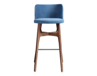 Tabouret de bar h80 cm bois teinte noyer assise tissu bleu jeans Tabouret de bar h80 cm bois teinte noyer assise tissu bleu jeans