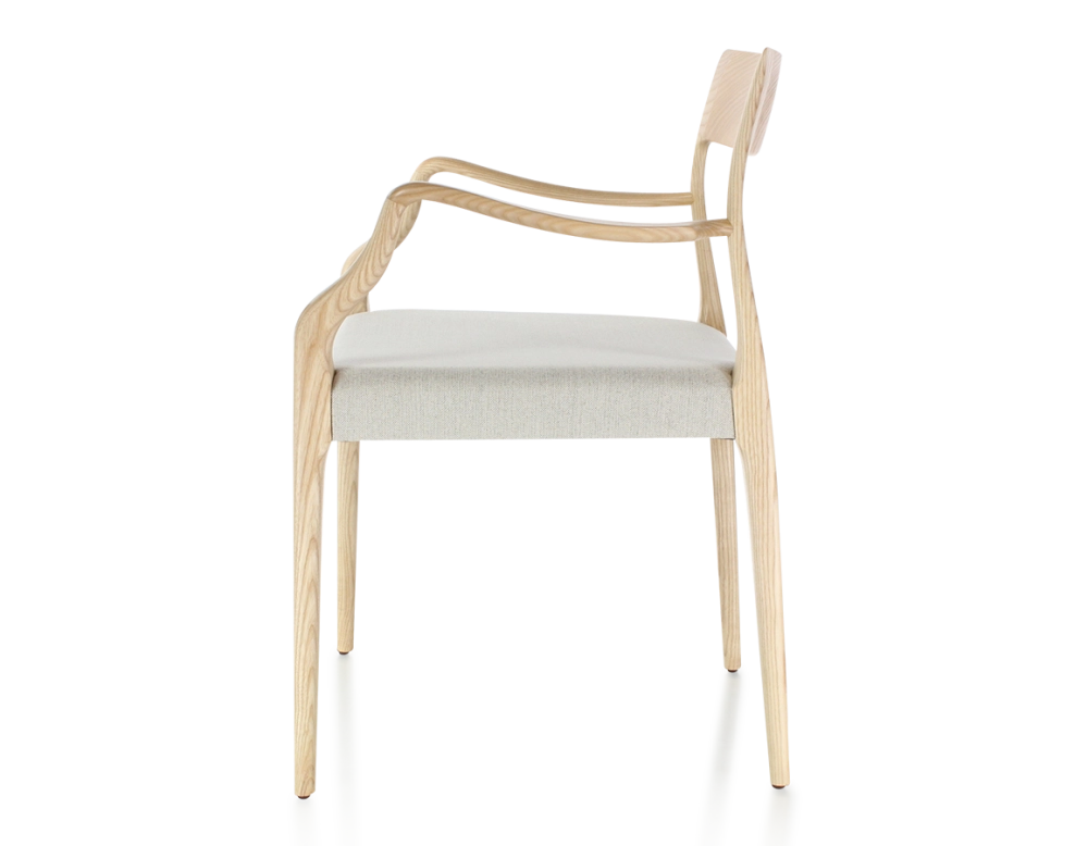 Scandinavian armchair with armrests natural stained wood seat natural beige fabric Scandinavian armchair with armrests natural stained wood seat natural beige fabric