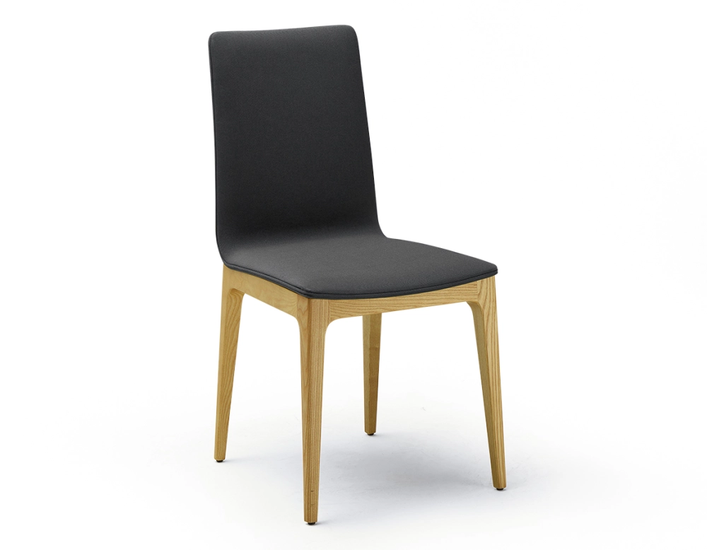 Designer chair natural wood finish with anthracite grey fabric seat. Designer chair natural wood finish with anthracite grey fabric seat.