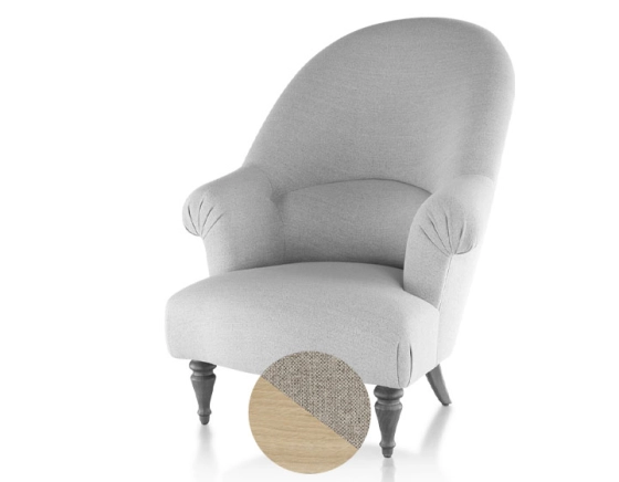 Fauteuil crapaud avec accoudoirs pieds bois teinte naturelle et tissu beige naturel haut dossier