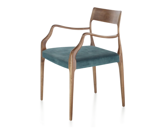 Chaise scandinave avec accoudoirs bois teinte noyer assise tissu velours bleu pétrole