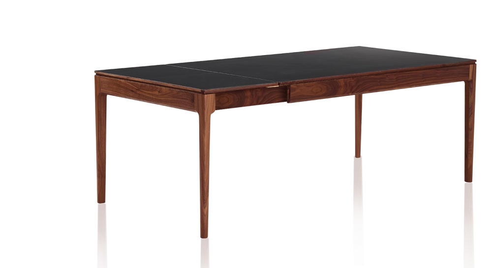 Table extensible 8 à 12 personnes en noyer et céramique allonges céramique avec bois teinte naturelle et plateau et allonges céramique noire unie 180x100 cm
