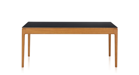 Table salle à manger 6 personnes en chêne et céramique avec bois teinte merisier et plateau céramique noir unie 140x90 cm