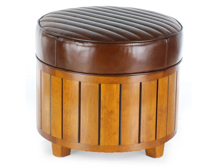 Pouf rond bois et cuir marron vintage Pouf rond bois et cuir marron vintage