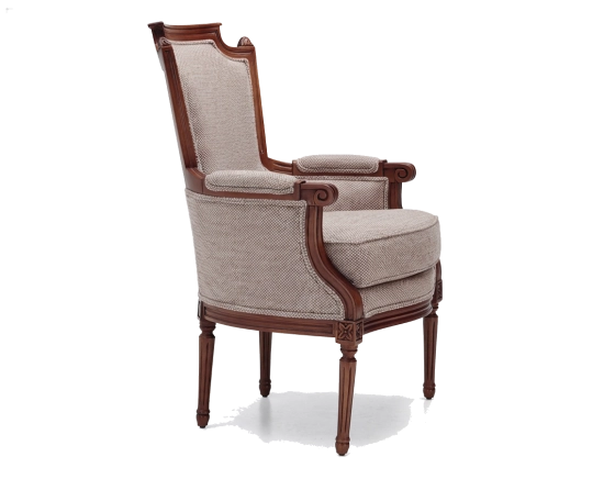 Sillón bergère estilo Luis XVI bois teinte ancienne et tissu chiné beige, gris et orange
