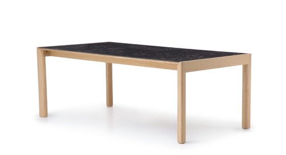 Extending table for 8 to 12 people in oak and ceramic with ceramic extensions natural wood finish and black marble-effect ceramic m2 180x100 cm