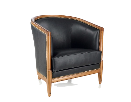 Fauteuil ancien accoudoirs moulurés bois teinte ancienne et cuir noir