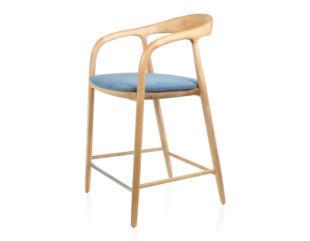 Tabouret de bar H60 cm bois teinte naturelle et tissu bleu jean Tabouret de bar H60 cm bois teinte naturelle et tissu bleu jean