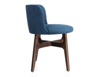 Chaise design bois teinte marron foncé assise tissu bleu jean
