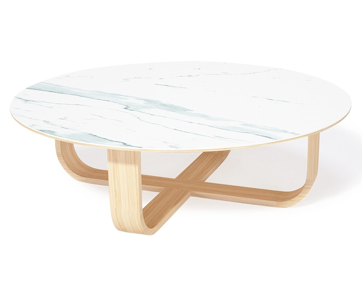 Round coffee table in oak and ceramic with natural tint wood white marble effect ceramic top 140 cm Round coffee table in oak and ceramic with natural tint wood white marble effect ceramic top 140 cm