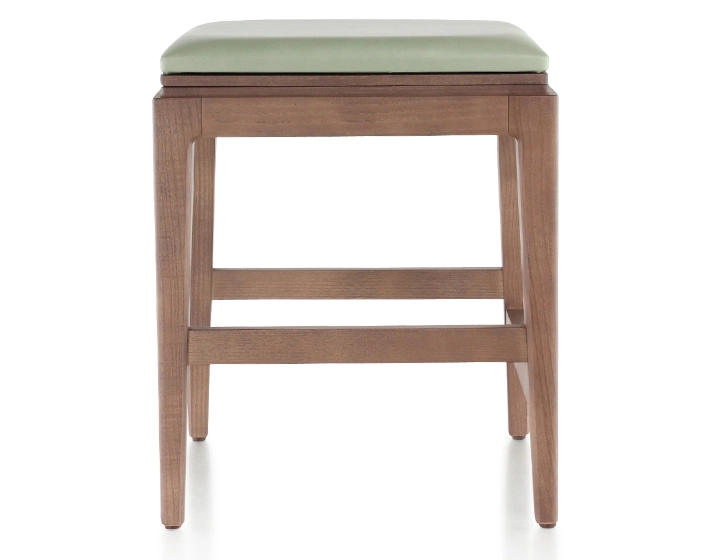 Tabouret design H45 cm bois teinte noyer assise cuir vert sauge Tabouret design H45 cm bois teinte noyer assise cuir vert sauge