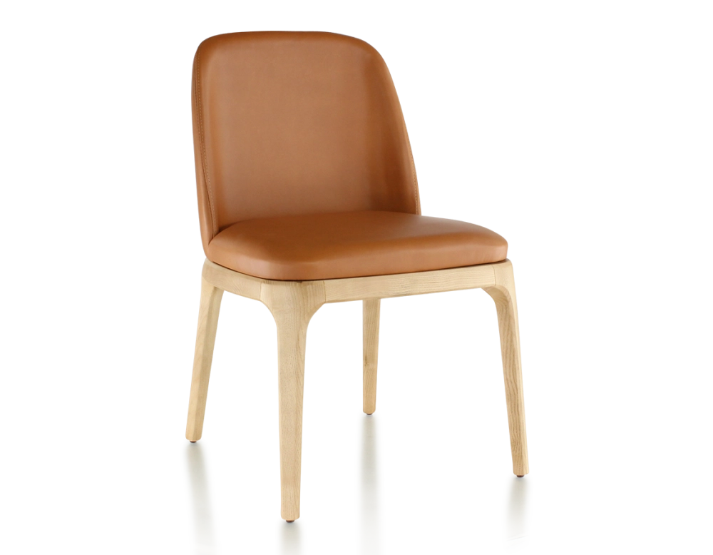 Designer chair natural stained wood and caramel leather Designer chair natural stained wood and caramel leather
