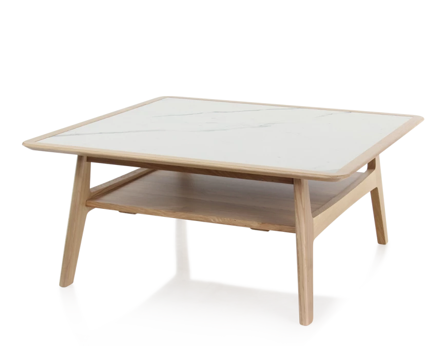 Table basse carrée en chêne et céramique avec bois teinte naturelle plateau céramique effet marbre blanc 100x100 cm