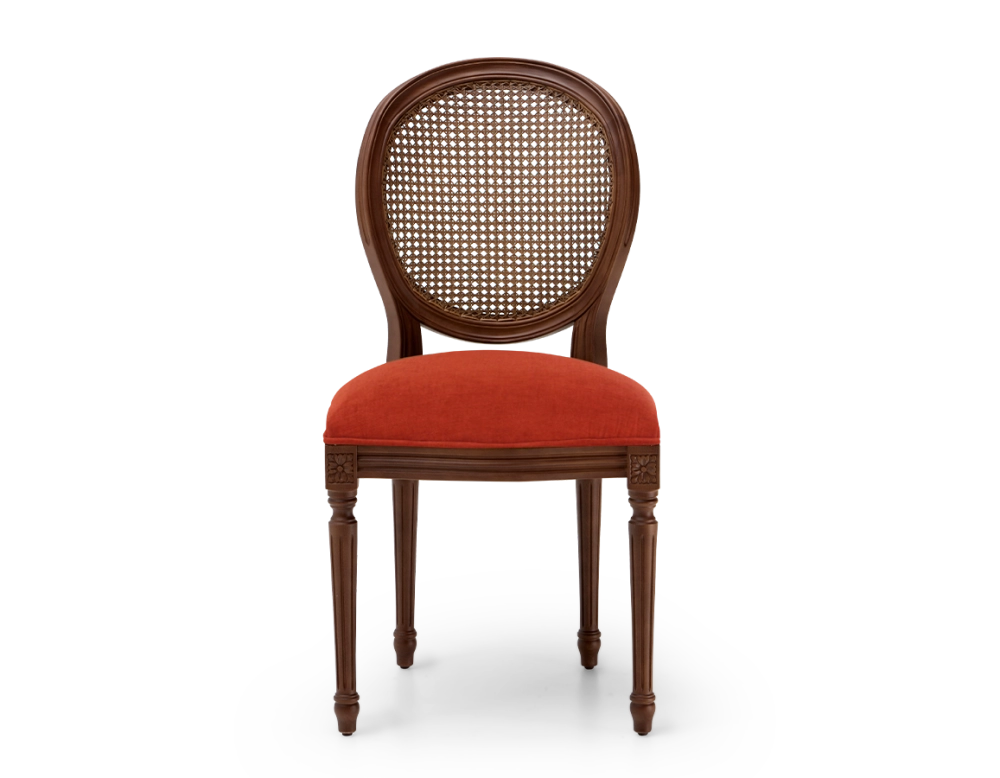 Louis XVI style antique chair dark brown stained wood with cane backrest and burnt orange fabric seat. Louis XVI style antique chair dark brown stained wood with cane backrest and burnt orange fabric seat.