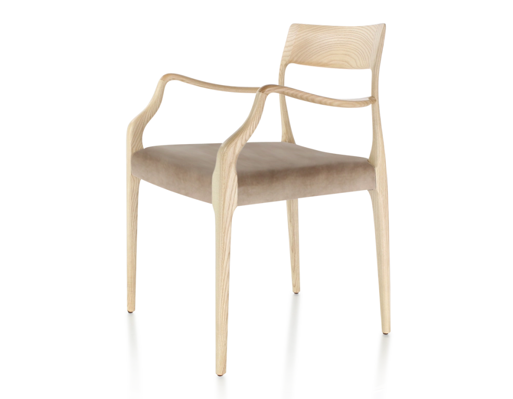 Chaise scandinave avec accoudoirs bois teinte naturelle assise tissu velours taupe clair Chaise scandinave avec accoudoirs bois teinte naturelle assise tissu velours taupe clair