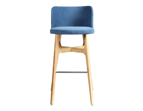 Tabouret de bar h80 cm bois teinte naturelle assise tissu bleu jeans