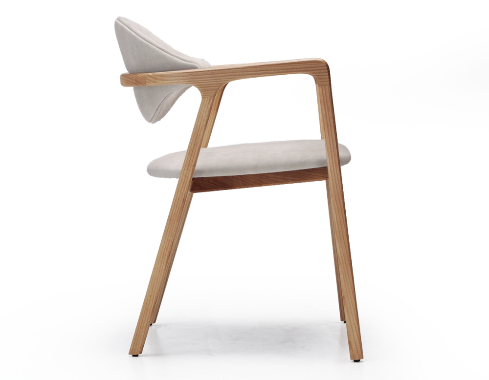Designer armchair natural wood finish and sand velvet fabric Designer armchair natural wood finish and sand velvet fabric