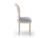 Chaise ancienne style Louis XVI bois teinte blanche cérusée dossier canné assise tissu chevron bleu Chaise ancienne style Louis XVI bois teinte blanche cérusée dossier canné assise tissu chevron bleu