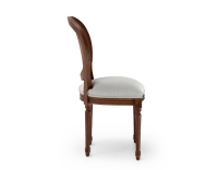 Louis XVI style antique chair dark brown stained wood with cane backrest and light grey fabric seat. Louis XVI style antique chair dark brown stained wood with cane backrest and light grey fabric seat.